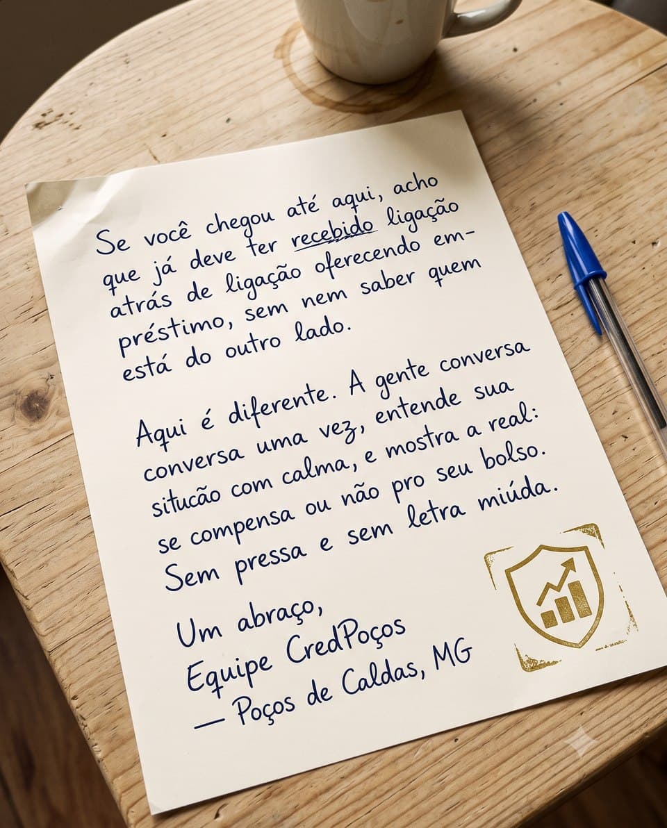 Recado escrito à mão pela equipe CredPoços: Se você chegou até aqui, acho que já deve ter recebido ligação atrás de ligação oferecendo empréstimo, sem nem saber quem está do outro lado. Aqui é diferente. A gente conversa uma vez, entende sua situação com calma, e mostra a real: se compensa ou não pro seu bolso. Sem pressa e sem letra miúda. Um abraço, Equipe CredPoços, Poços de Caldas, MG.